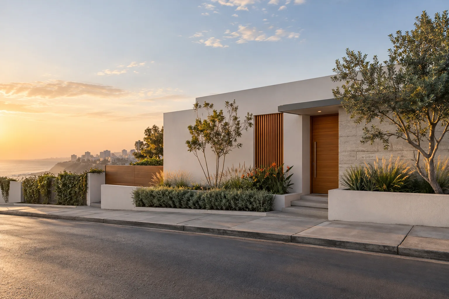 Fachada contemporánea de una vivienda en Lima al atardecer