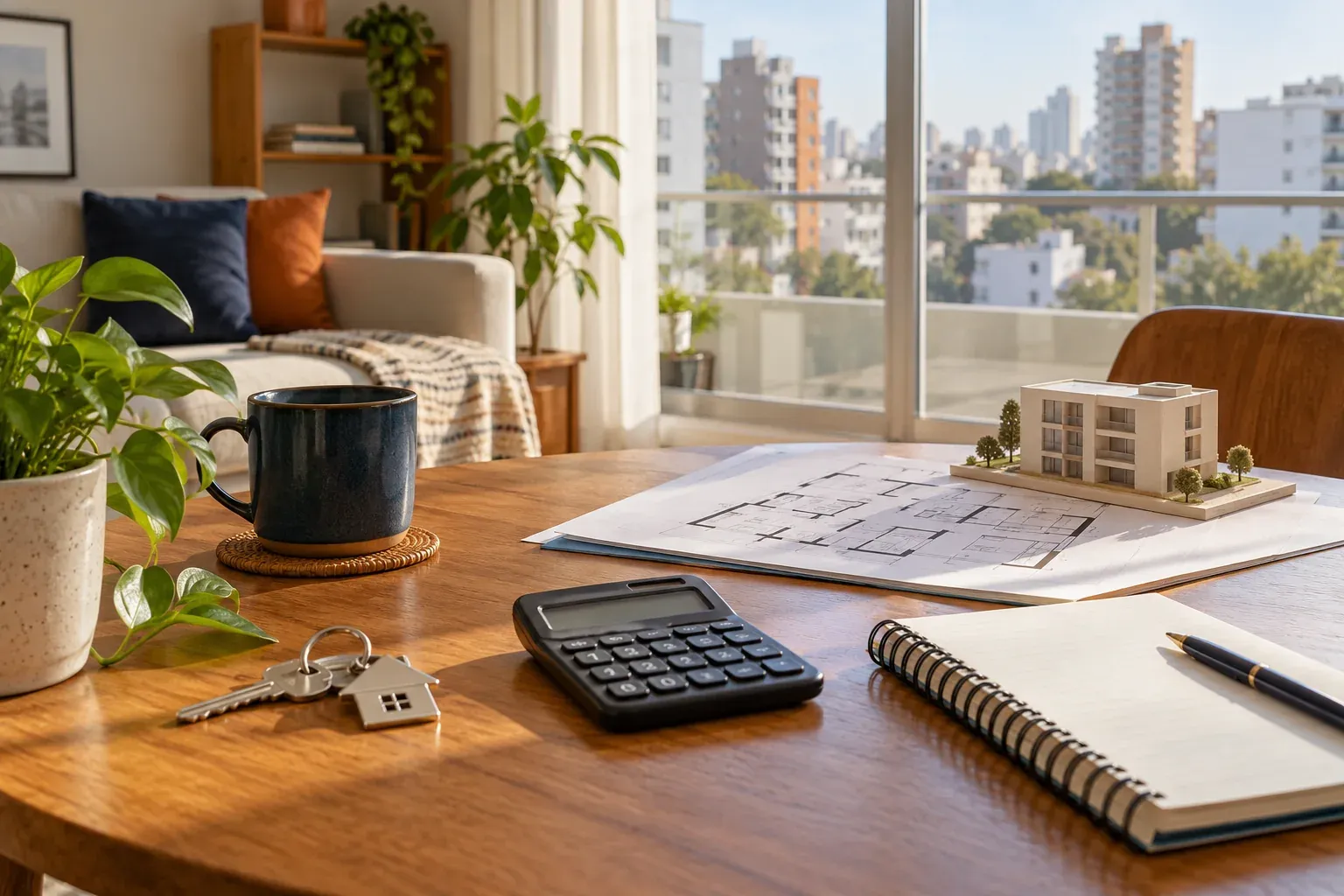 Calculadora, plano y maqueta de edificio sobre una mesa en un departamento de Lima