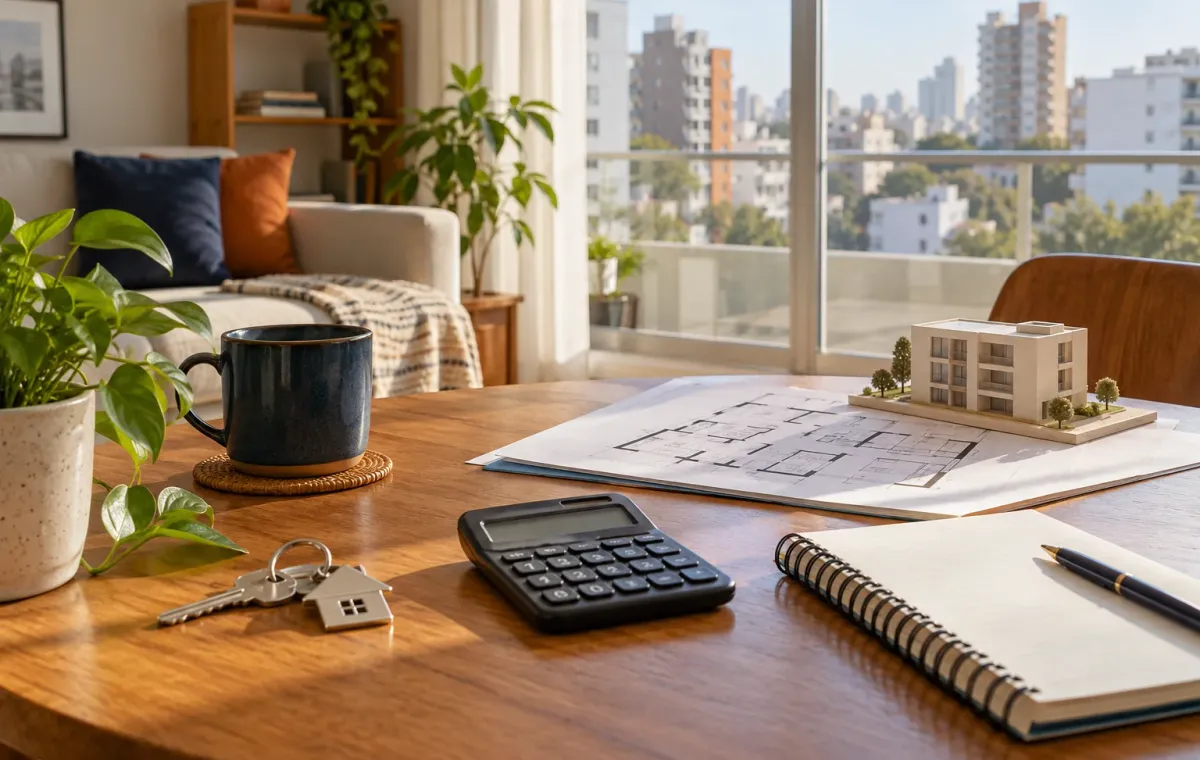 Calculadora, plano y maqueta de edificio sobre una mesa en un departamento de Lima