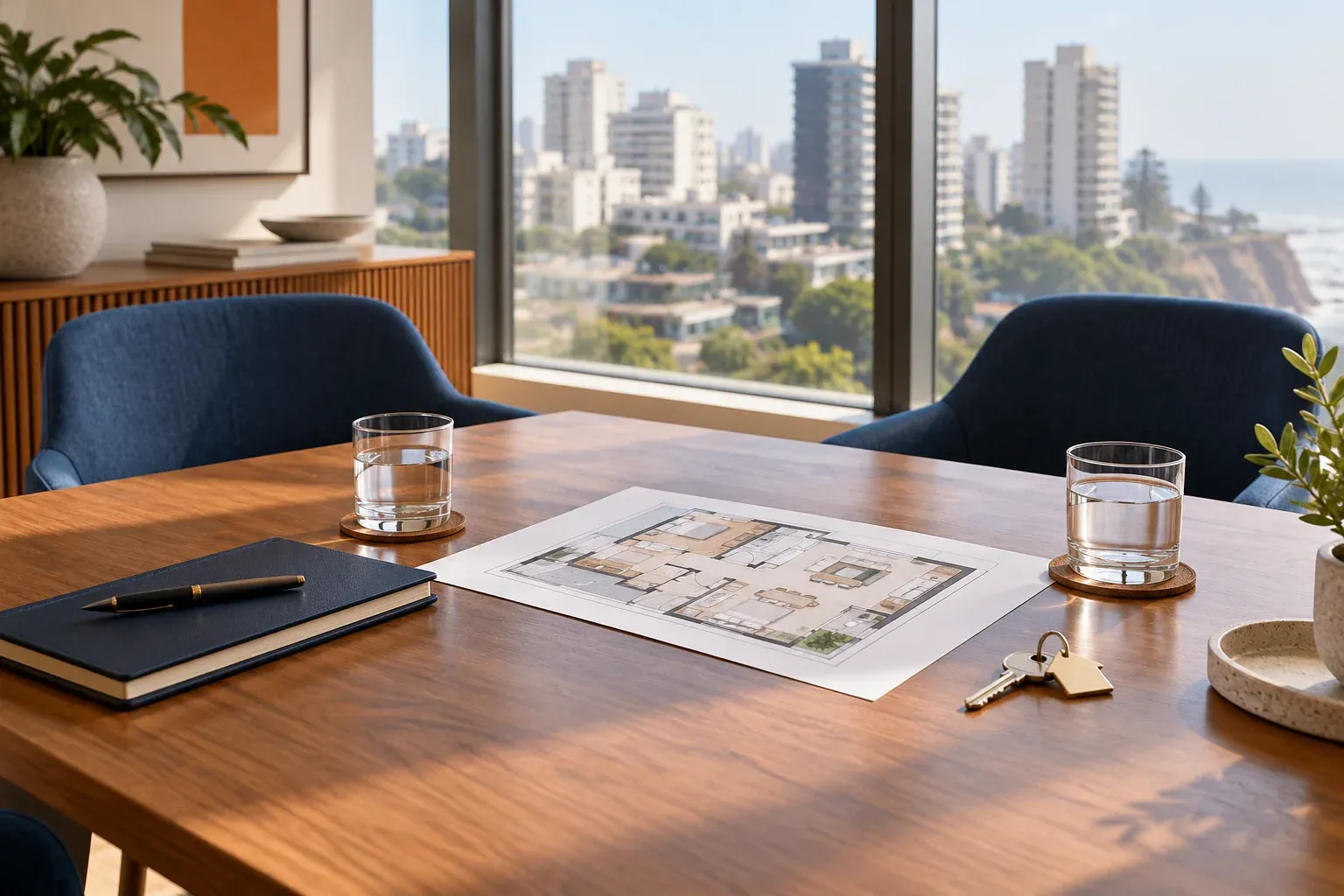 Dos sillas vacías frente a un plano y llaves en una mesa de reunión