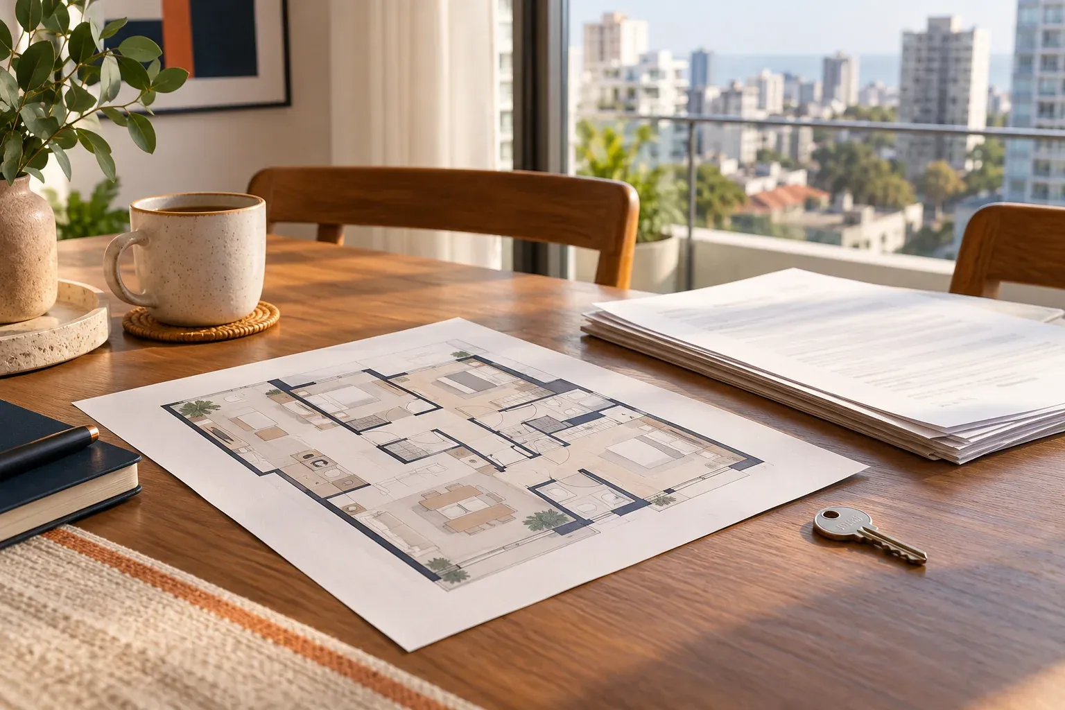 Plano, documentos y llaves sobre una mesa junto a una ventana en Lima