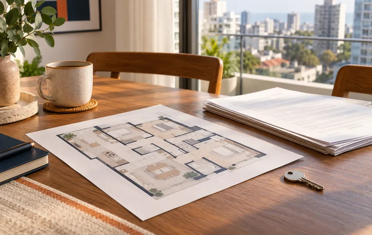 Plano, documentos y llaves sobre una mesa junto a una ventana en Lima